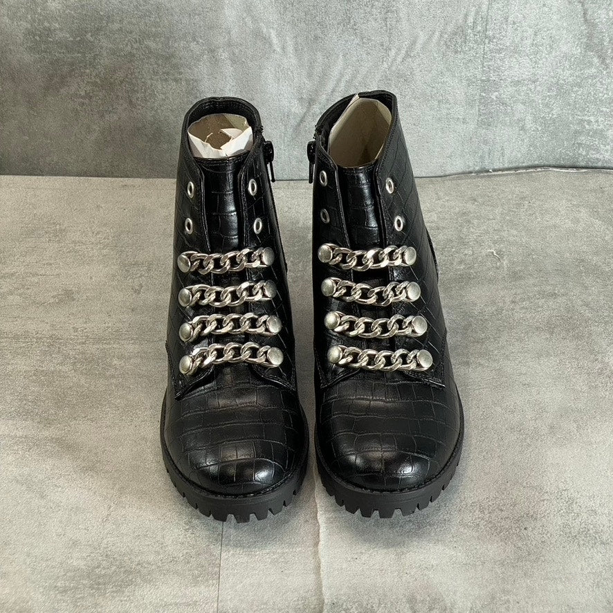 SUGAR Women's Black Croc Embossed Obvi Combat Memory Foam Block Heel Boots SZ6.5