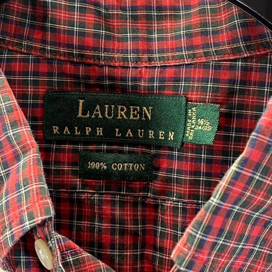 LAUREN RALPH LAUREN Men's Red Plaid Cotton Button-Down Long-Sleeve Shirt SZ 16.5