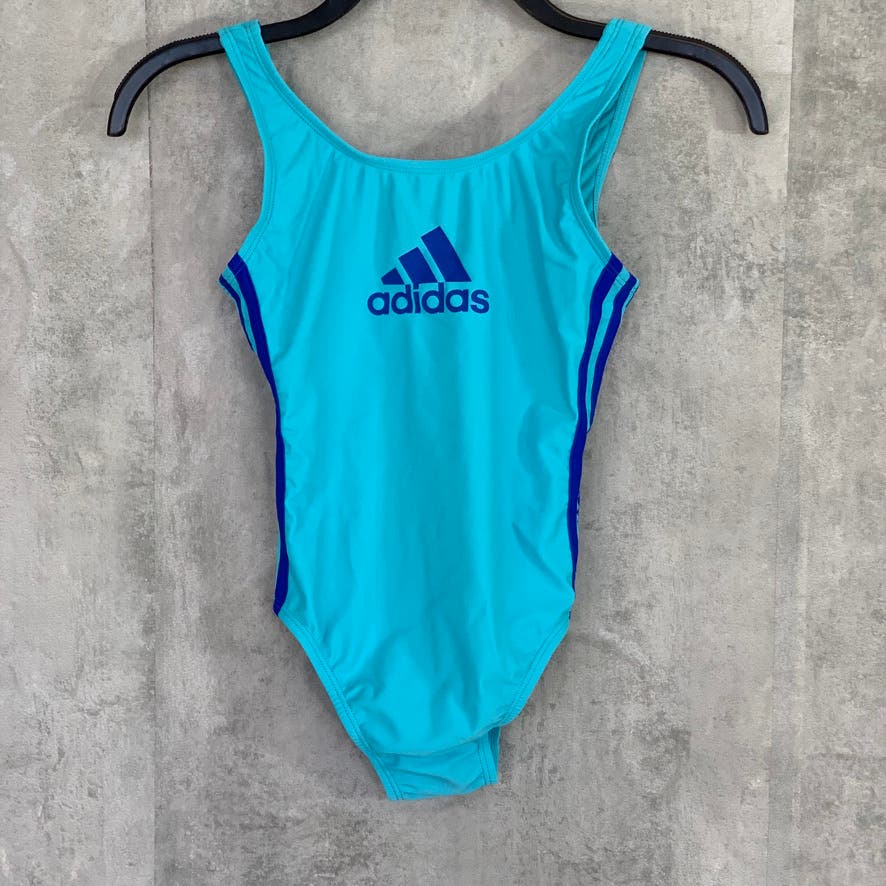 ADIDAS Girl's Light Blue Logo Front 3 Stripe One-Piece Pull-On Bathing Suit SZ L