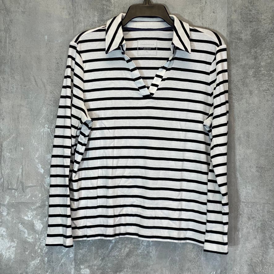 CHARTER CLUB Women's Petite Black/White Striped Collared Long Sleeve V-Neck Top SZ P\L