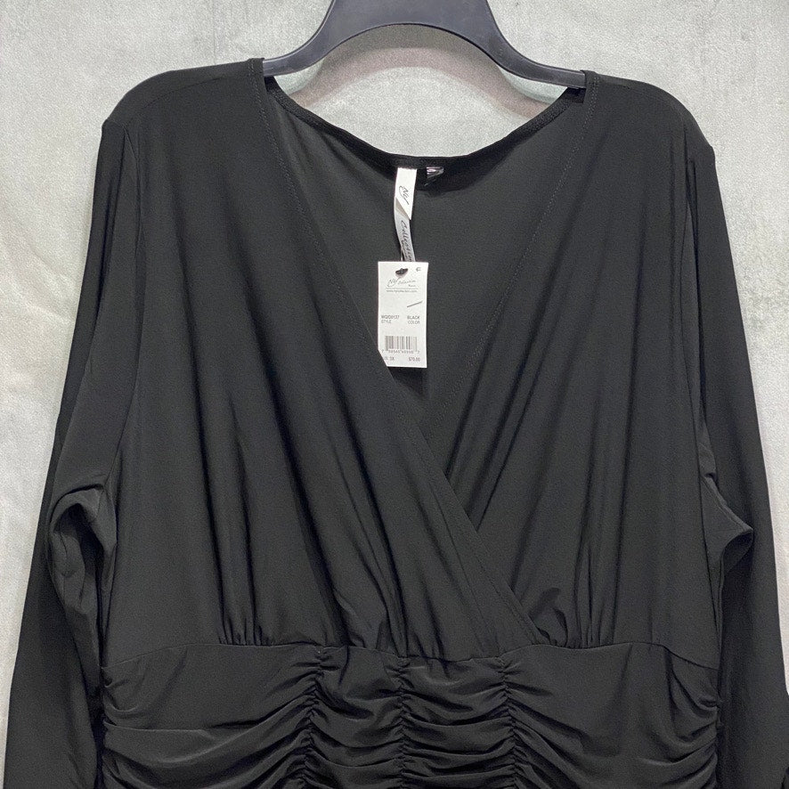 NY COLLECTION Plus Size Solid Black 3/4 Sleeve Ruched Waist Pull-Over A-Line Dress SZ 3X