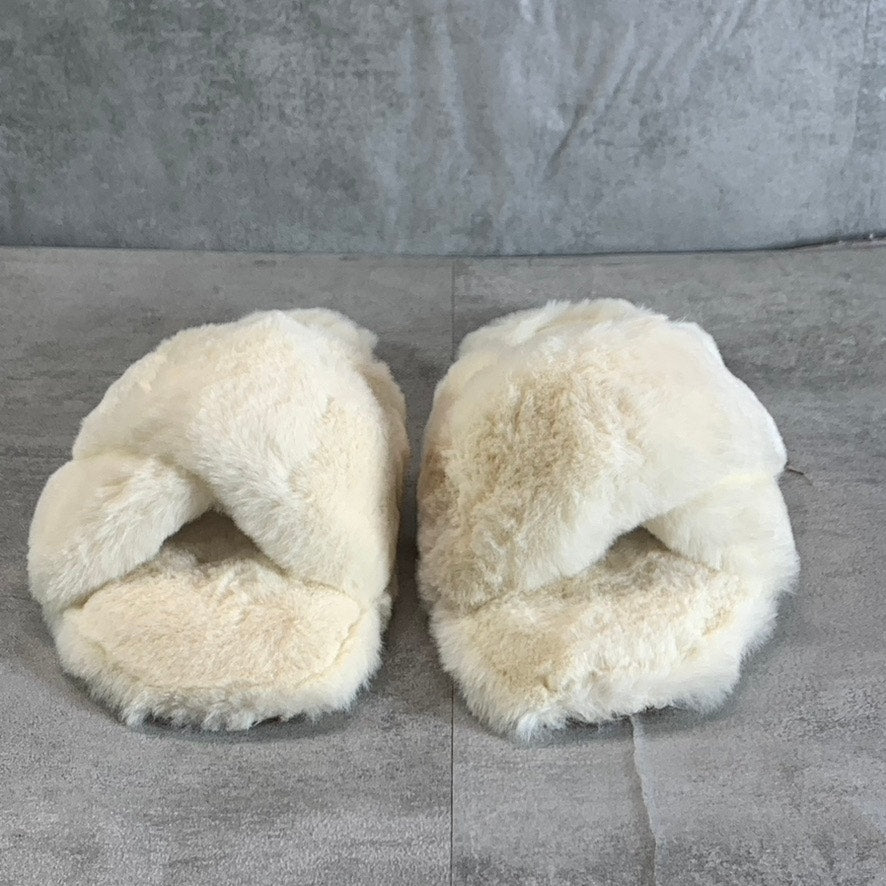 NINE WEST Women's Light Natural Fabric Cozy Faux-Fur Cross Band Slide Sandals