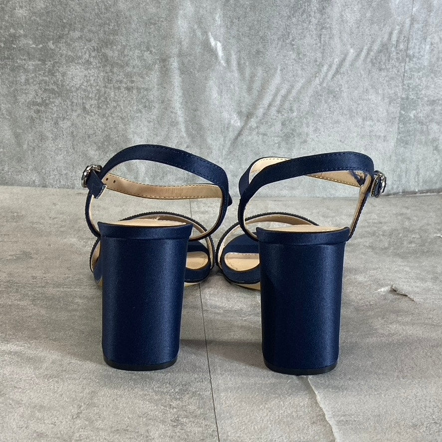 NINA Women's New Navy Satin Haven Rhinestone Ankle-Strap Block-Heel Sandals