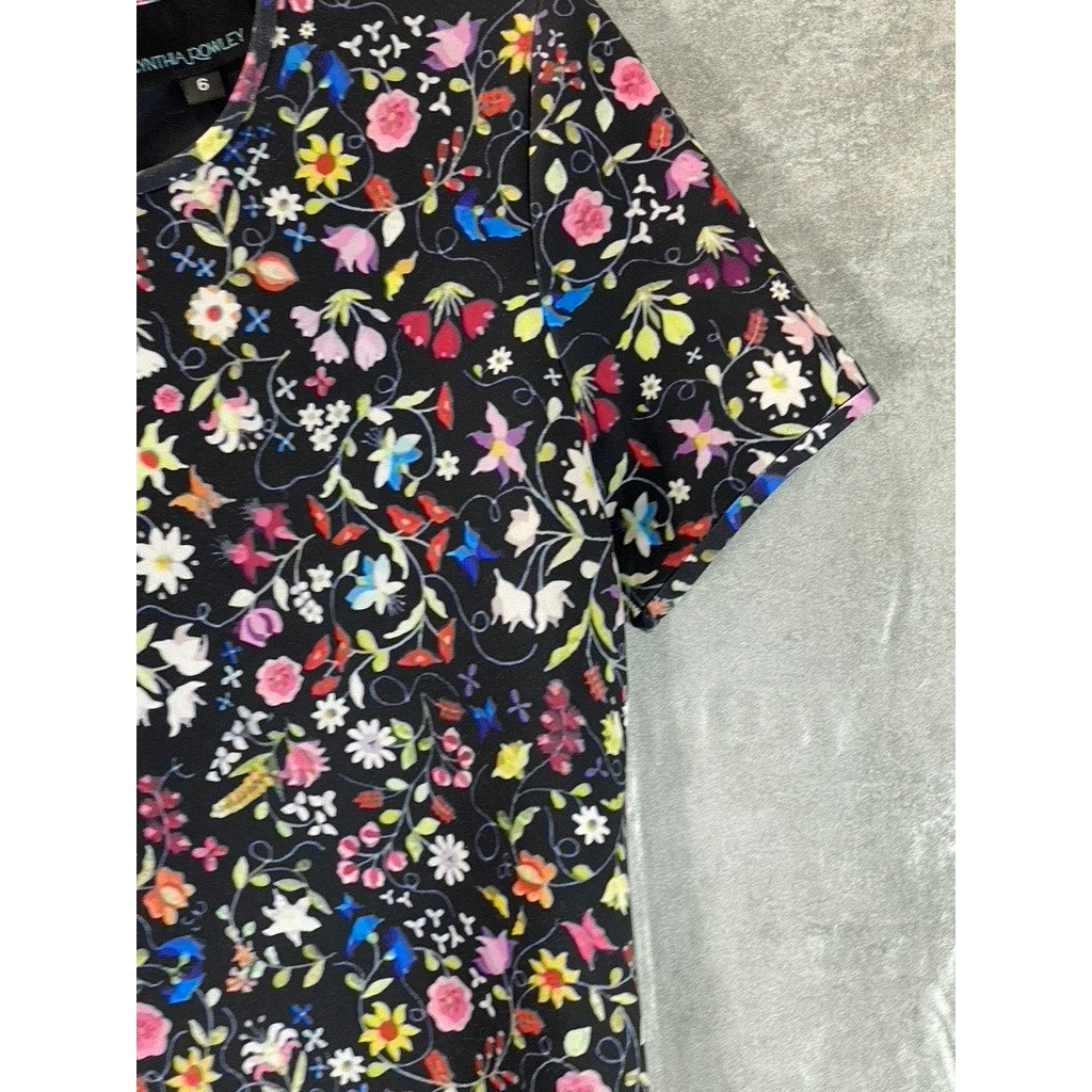 CYNTHIA ROWLEY Women's Black Floral Print Crewneck Short Sleeve Mini  Dress SZ 6