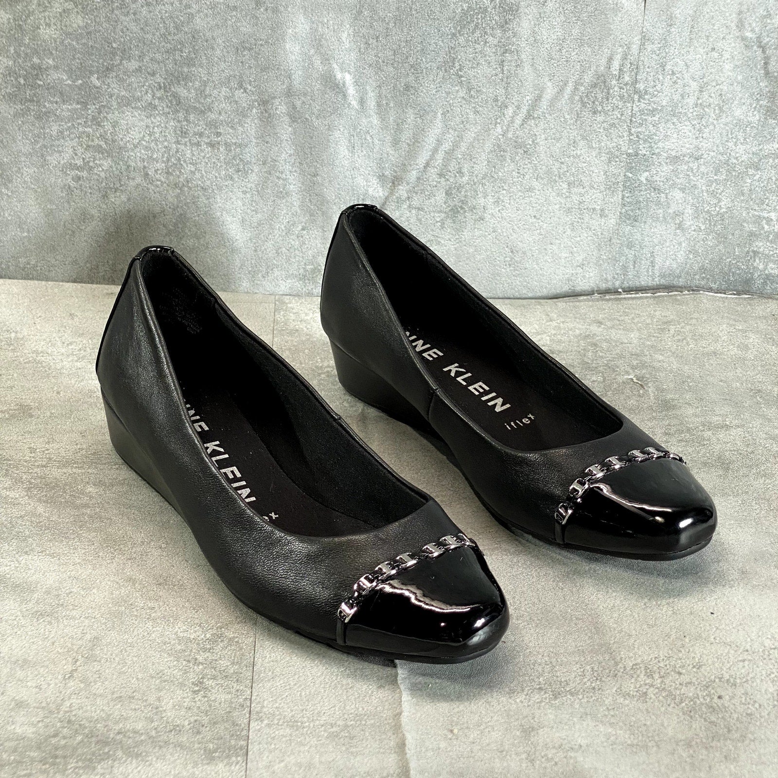 ANNE KLEIN Women's Black Leather iFlex Maysel Slip-On Square-Toe Wedge Flats SZ 7.5