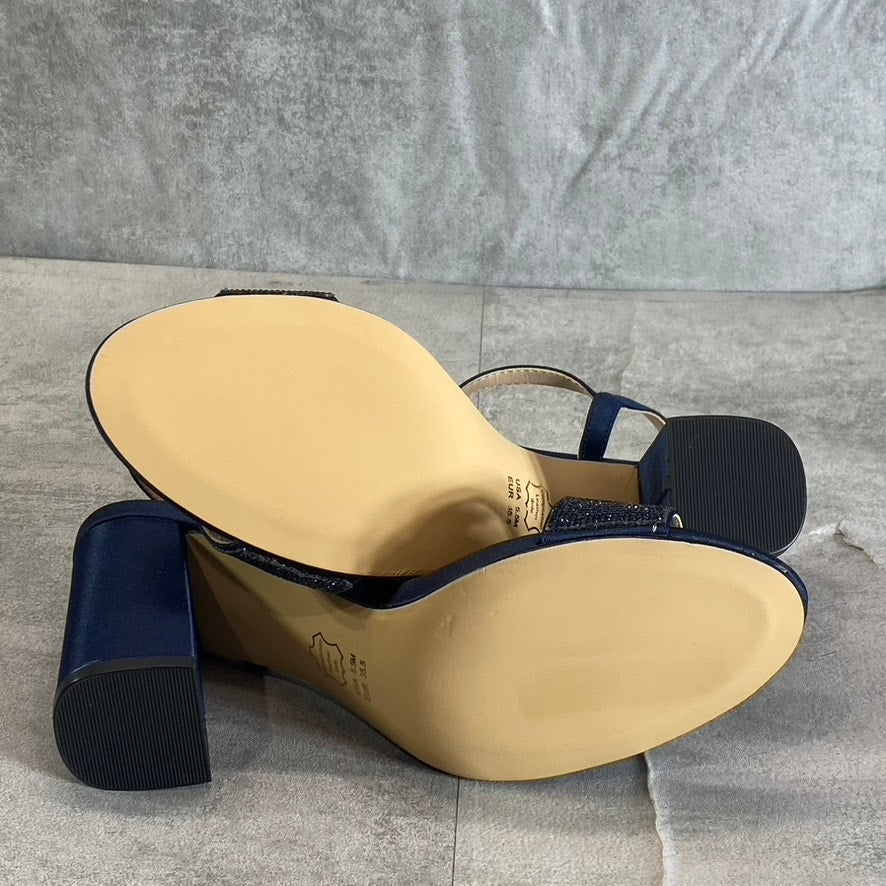 NINA Women's New Navy Satin Haven Rhinestone Ankle-Strap Block-Heel Sandals