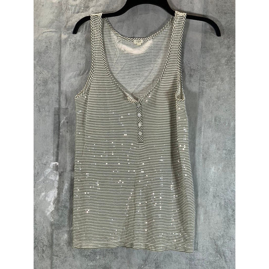 J.CREW Women's Gray/White Striped Sequin Embellished Henley Tank Top SZ S