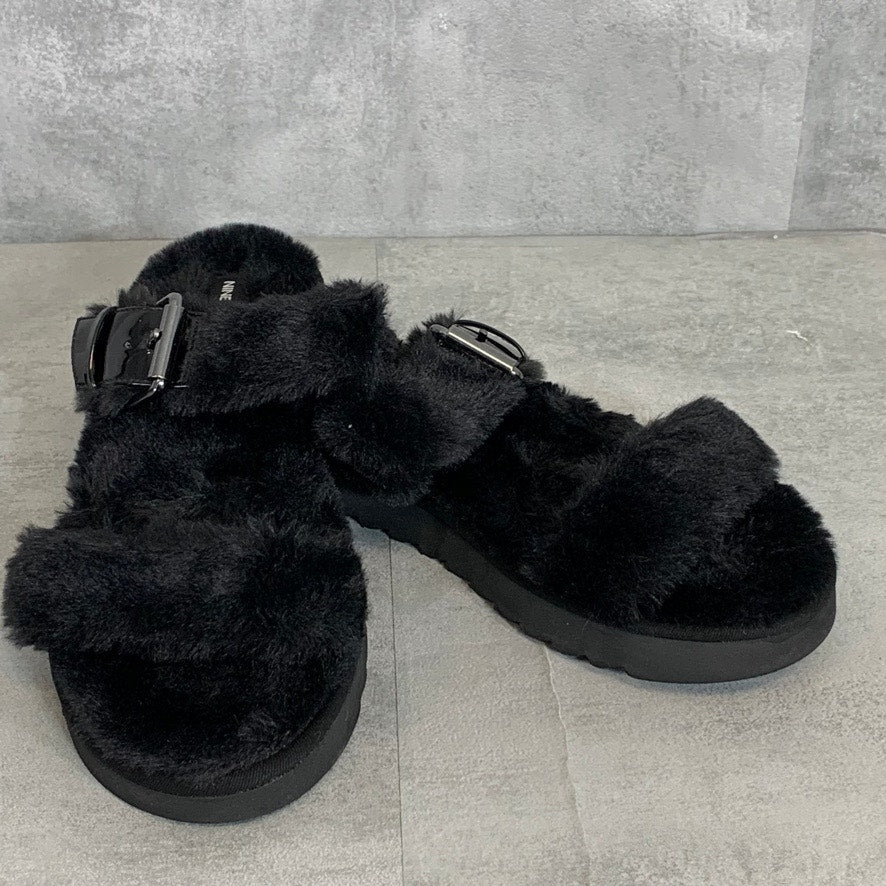 NINE WEST Black Faux Fur Adjustable Strap Platform Slide Sandals SZ 9