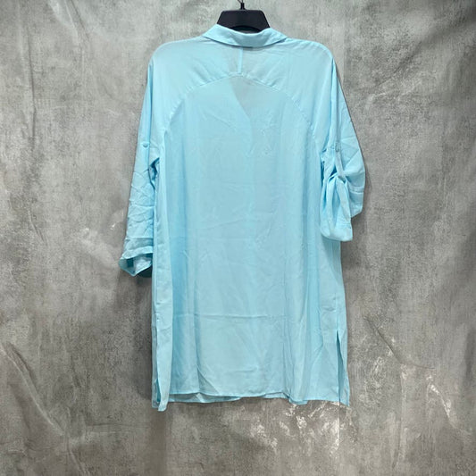 ALFANI Blue Long Roll-Tab Tunic V-Neck Button-Up Top SZ M