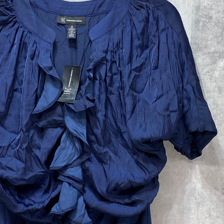 INC International Concepts Blue Ruffle Drape Zip-Up Dress SZ M