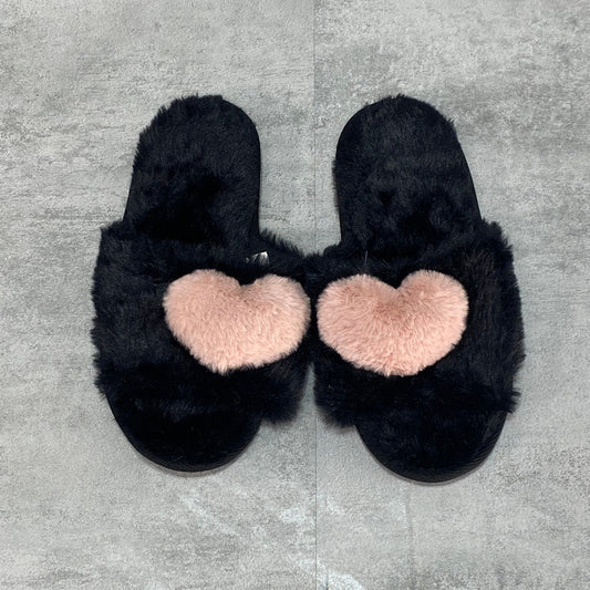 JENNI Black Open-Toe Faux-Fur Heart Slides SZ M (7-8)