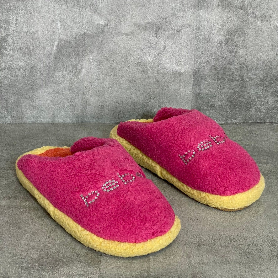 BEBE Fuchsia/Yellow Molly Faux Fur Embellished logo Slip-On Slippers SZ 10