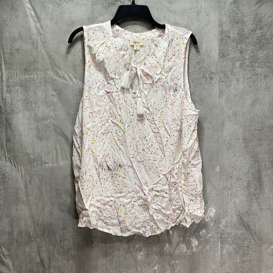 STYLE & CO White Confetti-Print Split-Neck Tassel Tank Top SZ 2XL