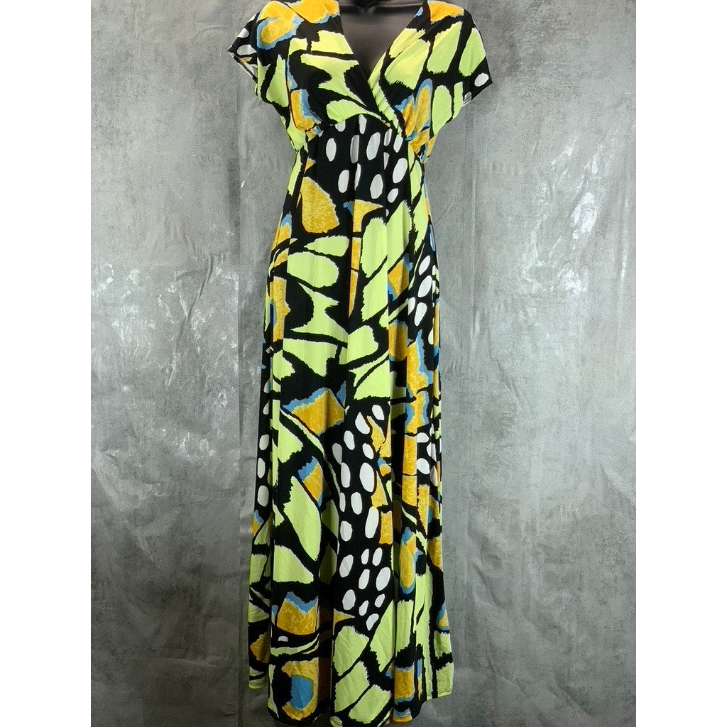 24SEVEN Comfort Apparel Women's Green Print Butterfly V-Neck Cap Sleeve Dress