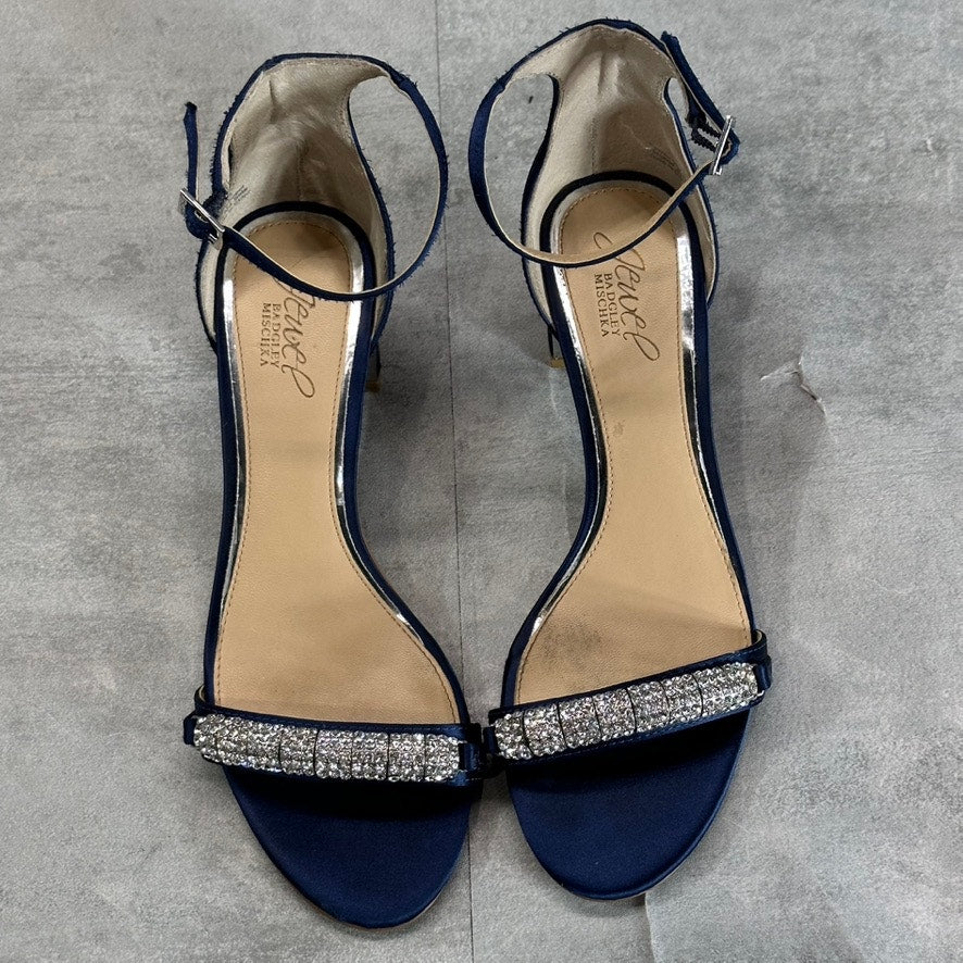 JEWEL BADGLEY MISCHKA Women's Navy Satin Ramsay Rhinestone Evening Sandals SZ 8