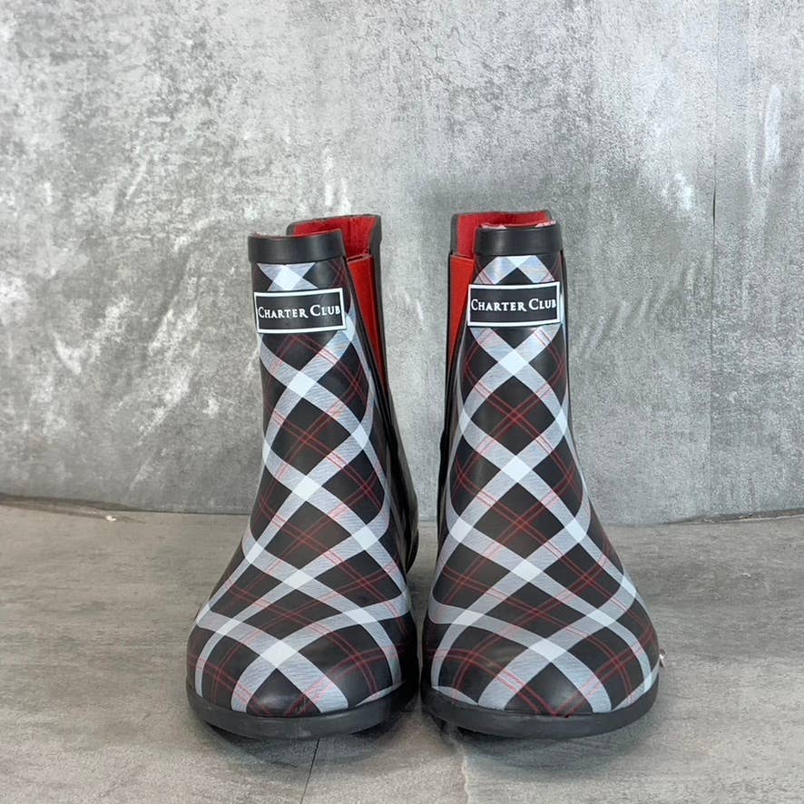 CHARTER CLUB Women's Black/Red Cloudburst Pull-On Rain Boots SZ 9