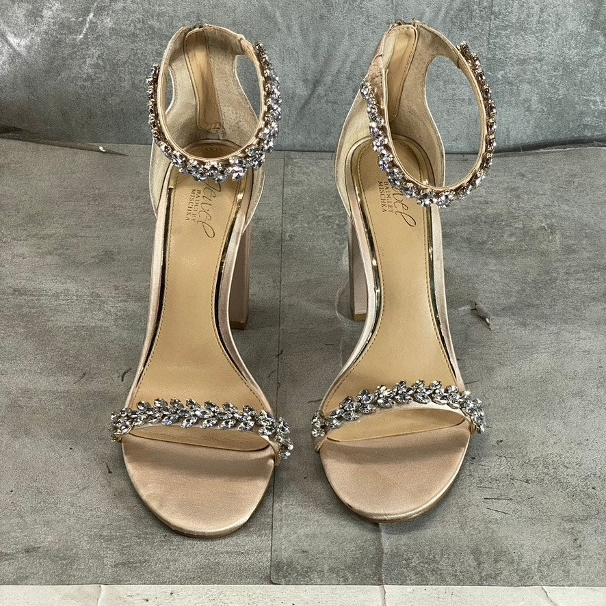 JEWEL BADGLEY MISCHKA Women's Champagne Satin Rhinestone Mayra Sandals SZ 10