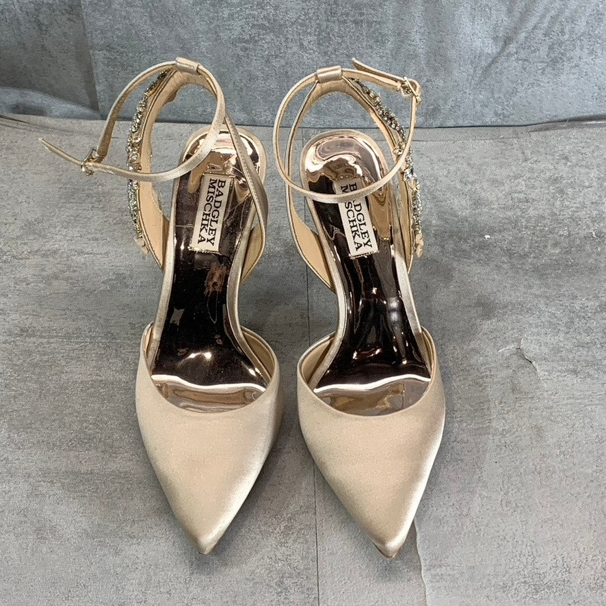 BADGLEY MISCHKA Women's Nude Satin Blanca Rhinestone Ankle-Strap Pumps SZ 8