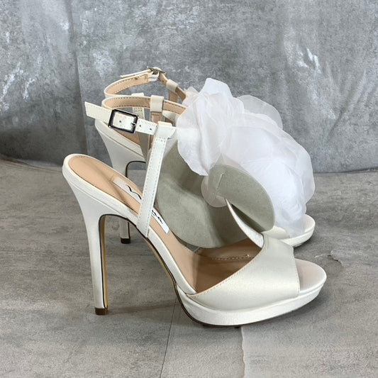 NINA Women's Ivory Luster Satin Brijida 3D-Flower T-Strap Platform Sandals SZ 6