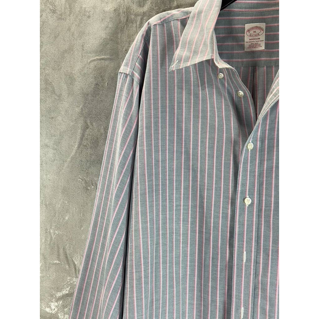 BROOKS BROTHERS Men's Gray/Pink Stripe Stretch Madison Relaxed-Fit Shirt SZ XL