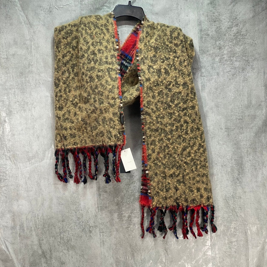 STEVE MADDEN Red Plaid & Animal Print Reversible Blanket Scarf OS