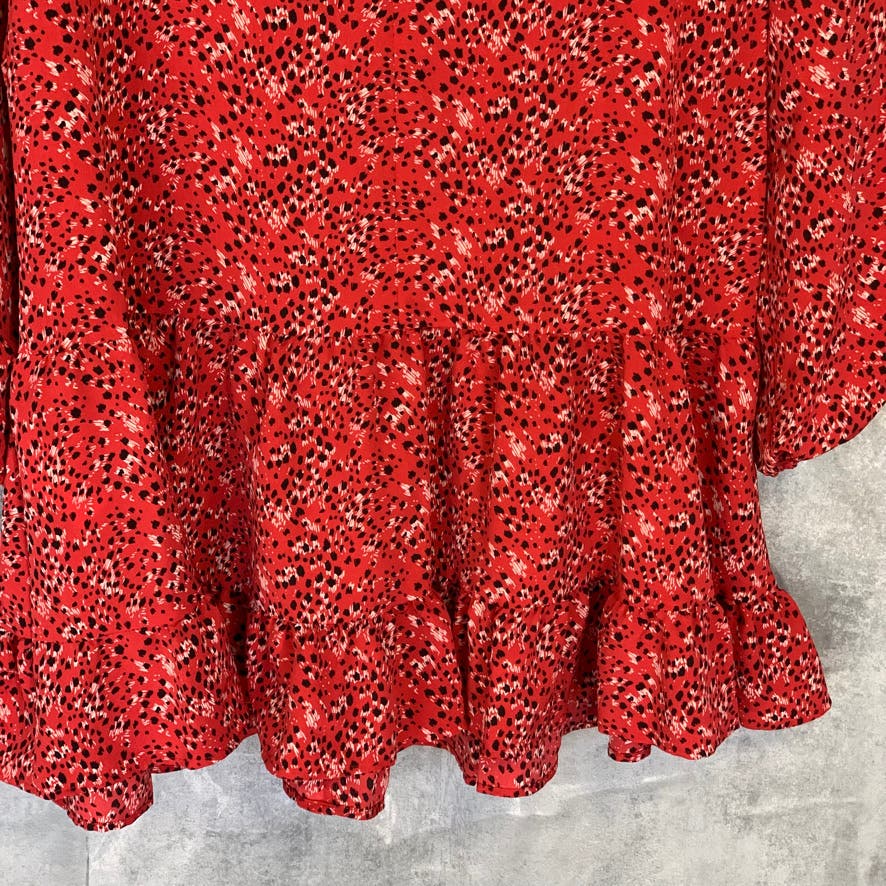 TOPSHOP Red Printed Round Neck Long Sleeve Ruffle Mini Dress SZ 8