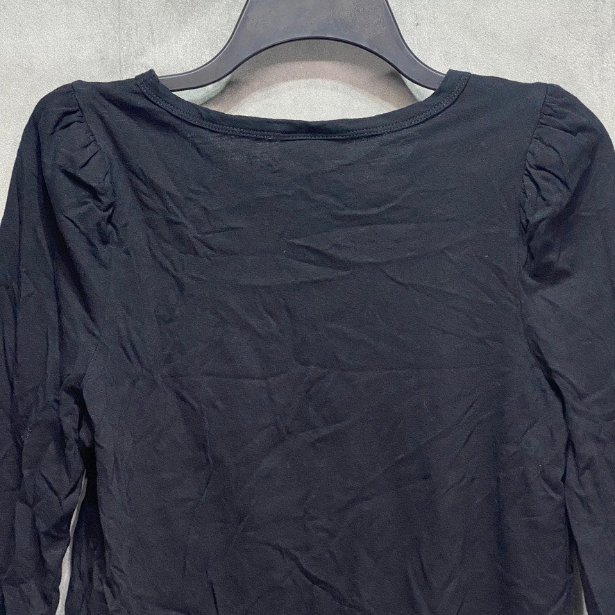 STYLE & CO Petite Solid Black 3/4 Puff-Sleeve Cotton Scoop Neck Pullover Top SZ P/M