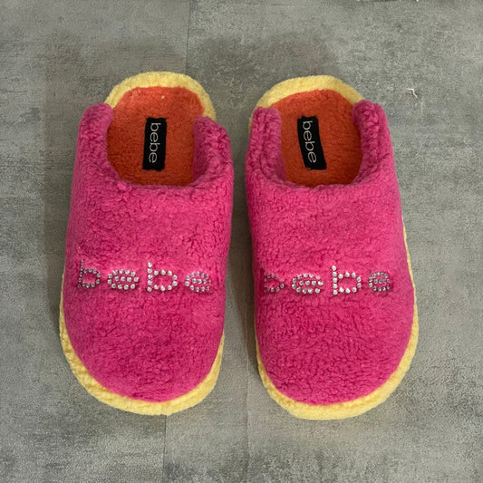 BEBE Fuchsia/Yellow Molly Faux Fur Embellished logo Slip-On Slippers SZ 10