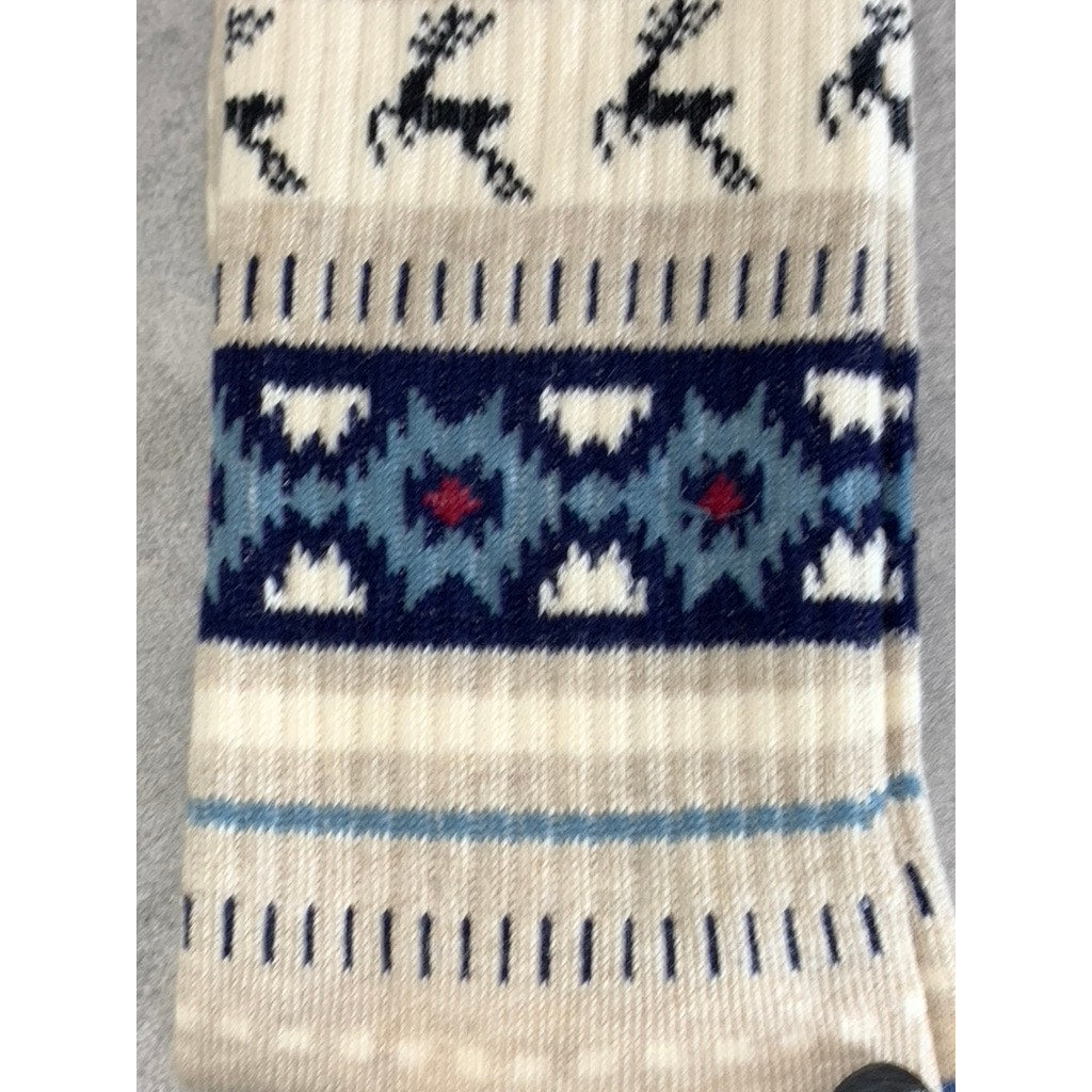 Sun + Stone Men's Blue/Tan Deer Fair Isle Fleece-Lined Crew Single Sock SZ 10-13