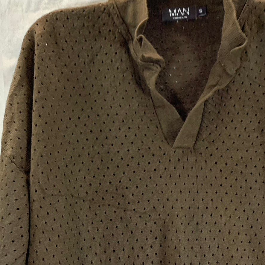 MAN BOOHOOMAN Men's Brown Open Stitch Short Sleeve Shirt SZ S