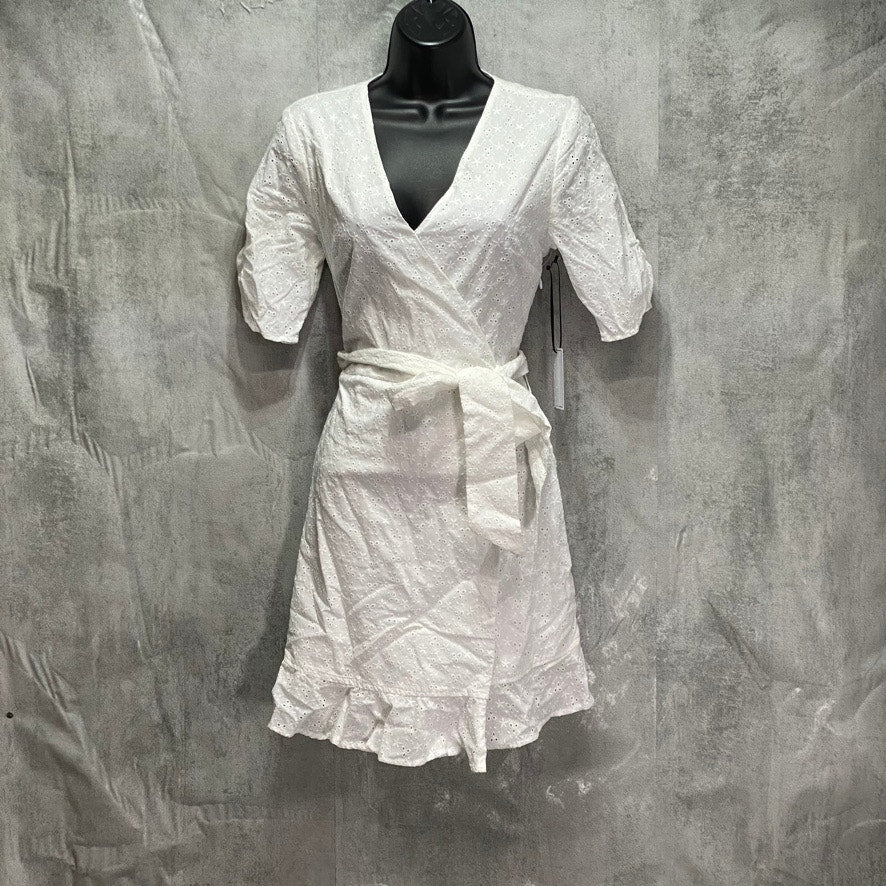 1. STATE White Wrap-Front Tie Waist V-Neck Ruched Short-Sleeve Mini Dress SZ 4