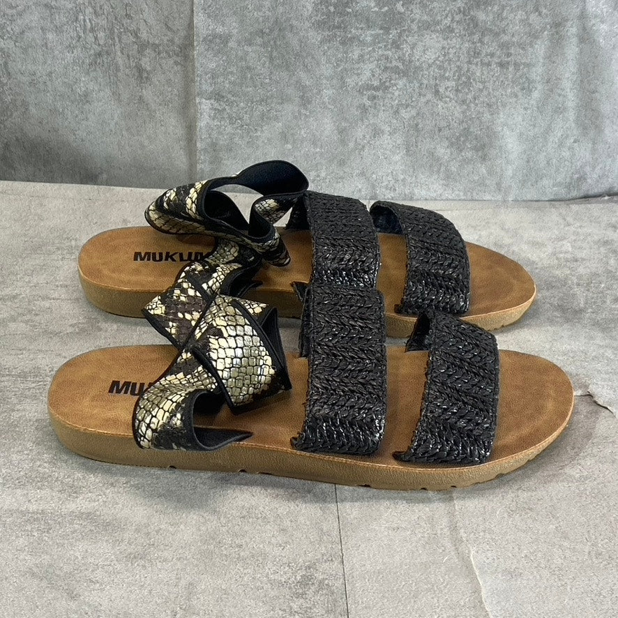 MUK LUKS Women's Black Snake Embossed About Me Ankle-Strap Slide Sandals SZ 7