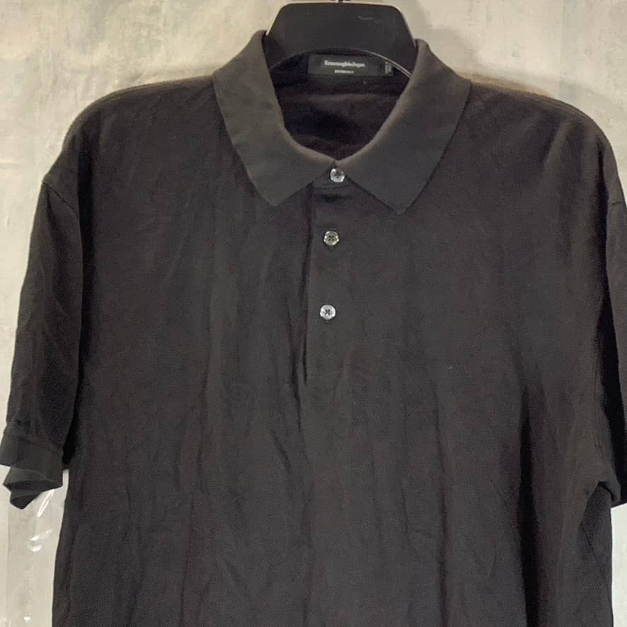 ERMENEGILDO ZEGNA Men's Black Textured Silk Blend Short-Sleeve Polo Shirt SZ L