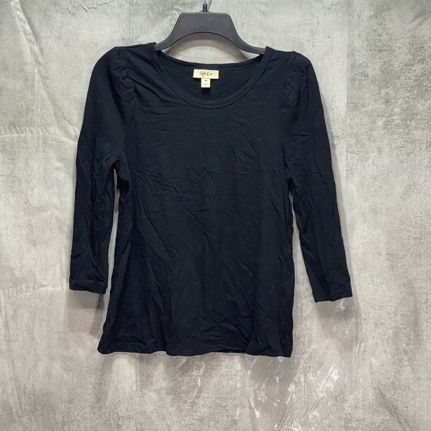 STYLE & CO Petite Solid Black 3/4 Puff-Sleeve Cotton Scoop Neck Pullover Top SZ P/M