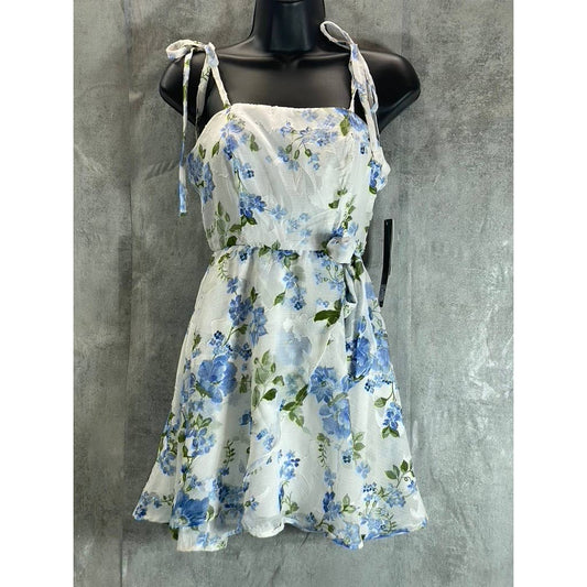 TRIXXI Juniors' White-Blue Floral-Print Tie-Spaghetti Strap Mini Dress SZ 0
