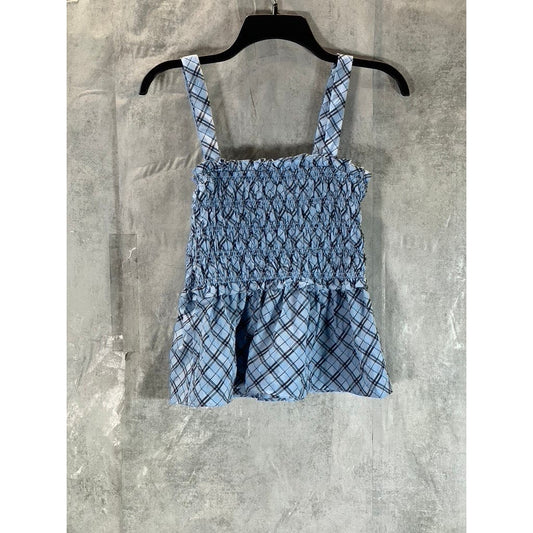 J.CREW Women's Blue Mist Navy Smocked Textured Plaid Tank Top L