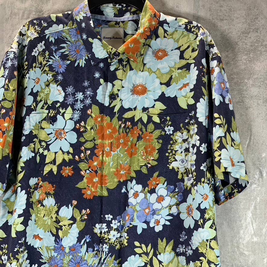 TOMMY BAHAMA Men's Navy Floral-Print Button-Up Short-Sleeve Silk Camp Shirt SZXL