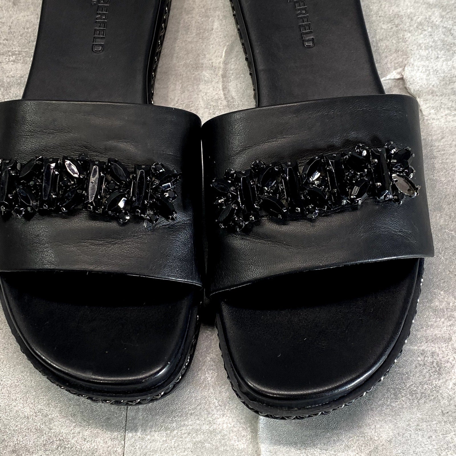 KARL LAGERFELD PARIS Women's Black Rhinestone Embellished Bijou Slide Sandals