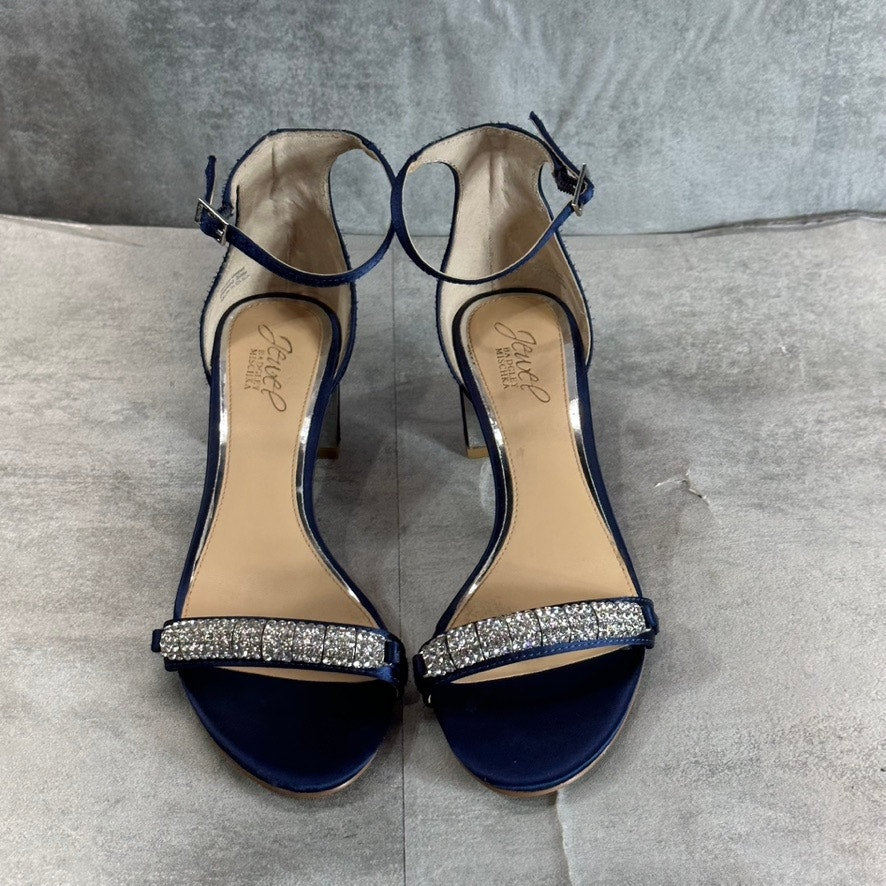 JEWEL BADGLEY MISCHKA Women's Navy Satin Ramsay Rhinestone Evening Sandals SZ 8