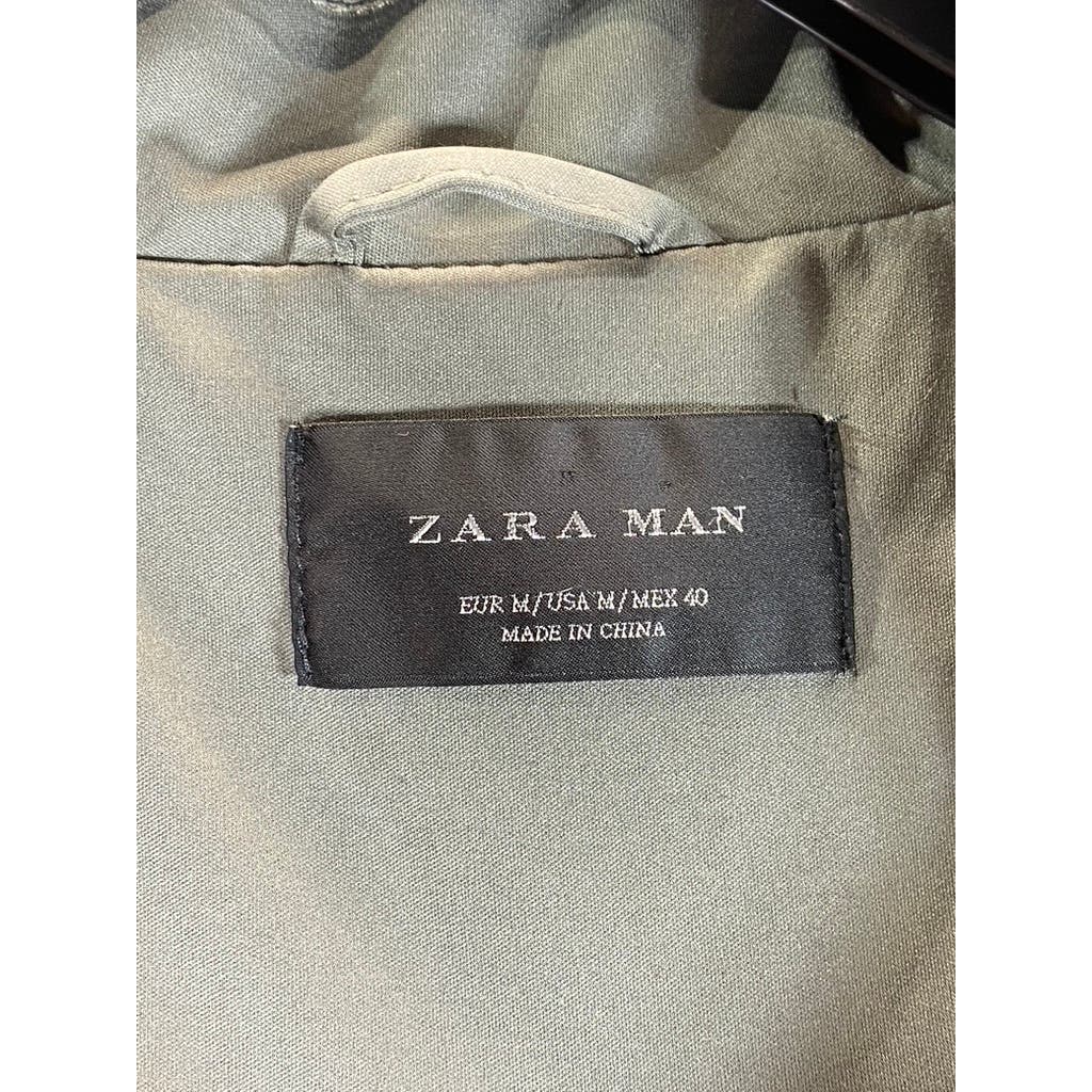 ZARA MAN Men's Khaki Double Breasted Water Repellent Hooded Trench Coat SZ M