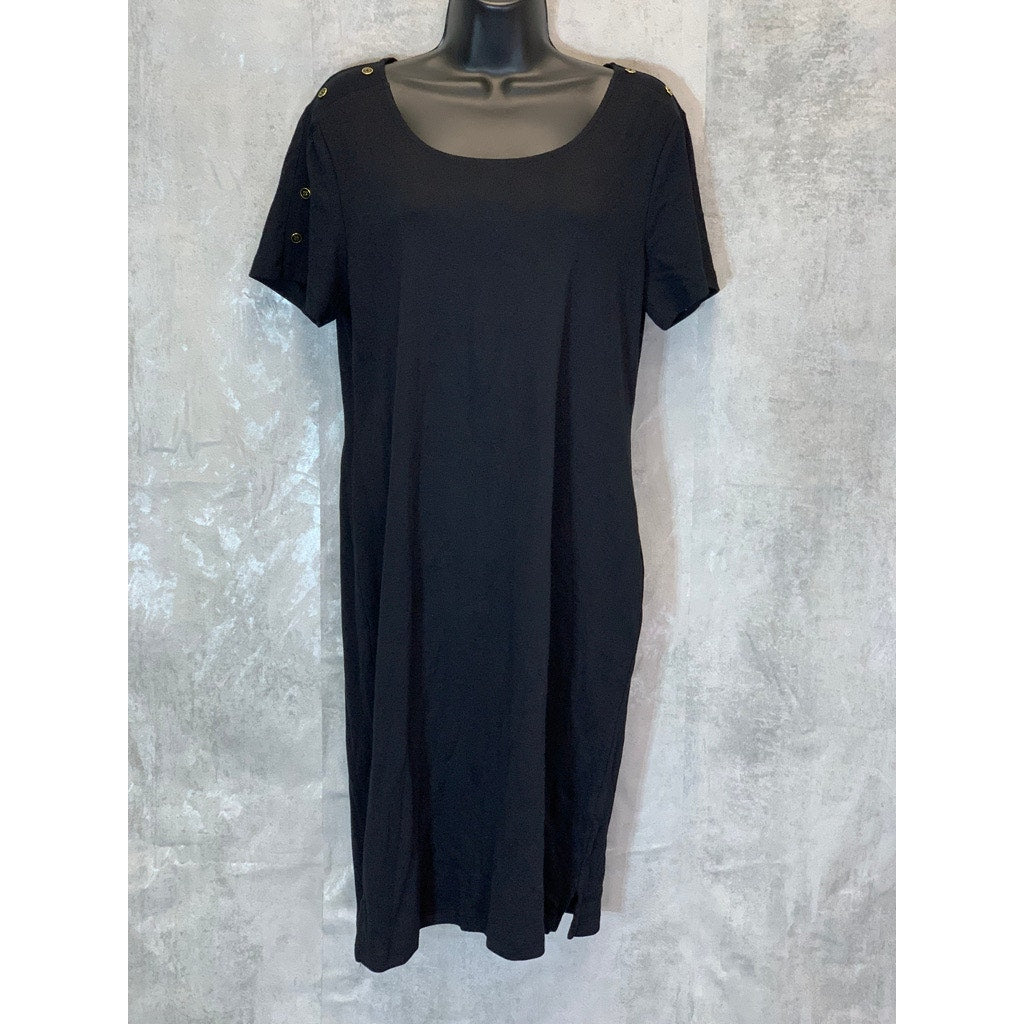 KAREN SCOTT Sport Women's Deep Black 3/4 Button-Shoulder Sleeve Pullover Dress SZ S
