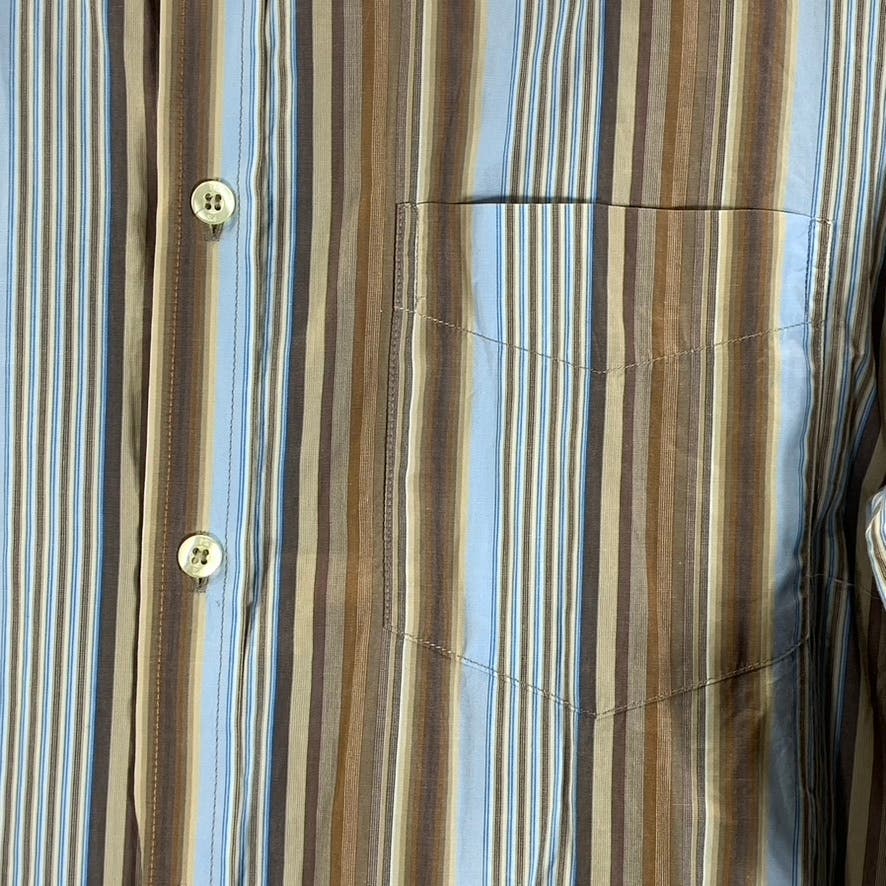 PS. PAUL SMITH Men's Brown/Blue Striped Satin-Trim Wide Cuff Shirt SZ NA