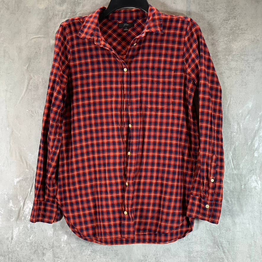 J.CREW Women's Red Plaid Brushed Twill Flannel Button-Up Long-Sleeve Top SZ 4