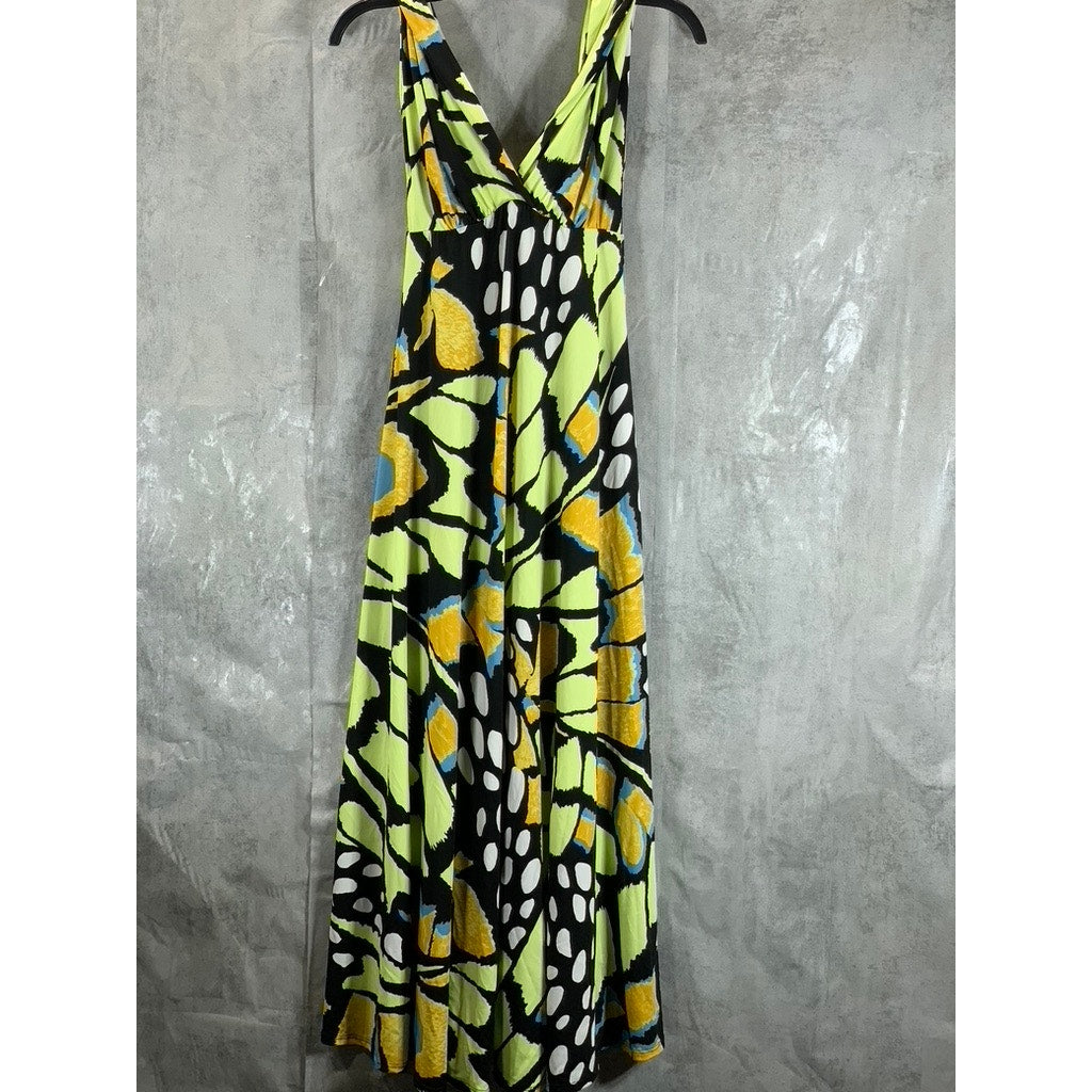 24SEVEN Comfort Apparel Women's Green Print Butterfly V-Neck Cap Sleeve Dress