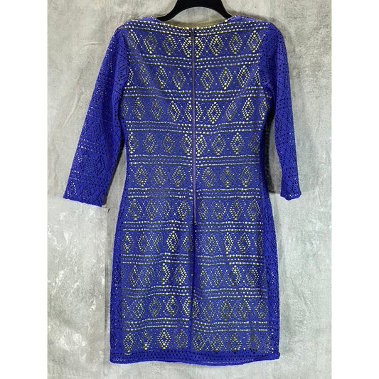 MARC NEW YORK ANDREW MARC Women's Dark Blue Lace V-Neck 3/4 Sleeve Dress SZ M