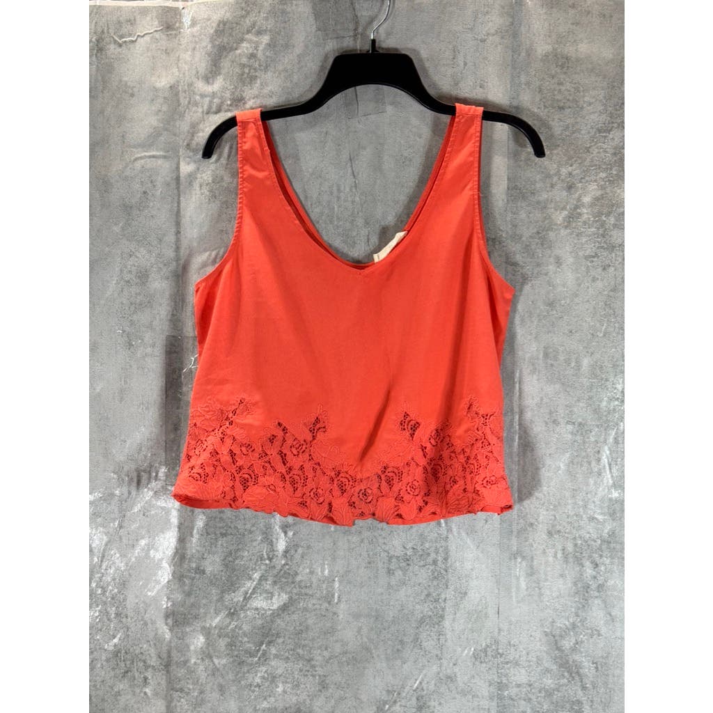 ELODIE Women's Orange V-Neck Lace Trim Top SZ M