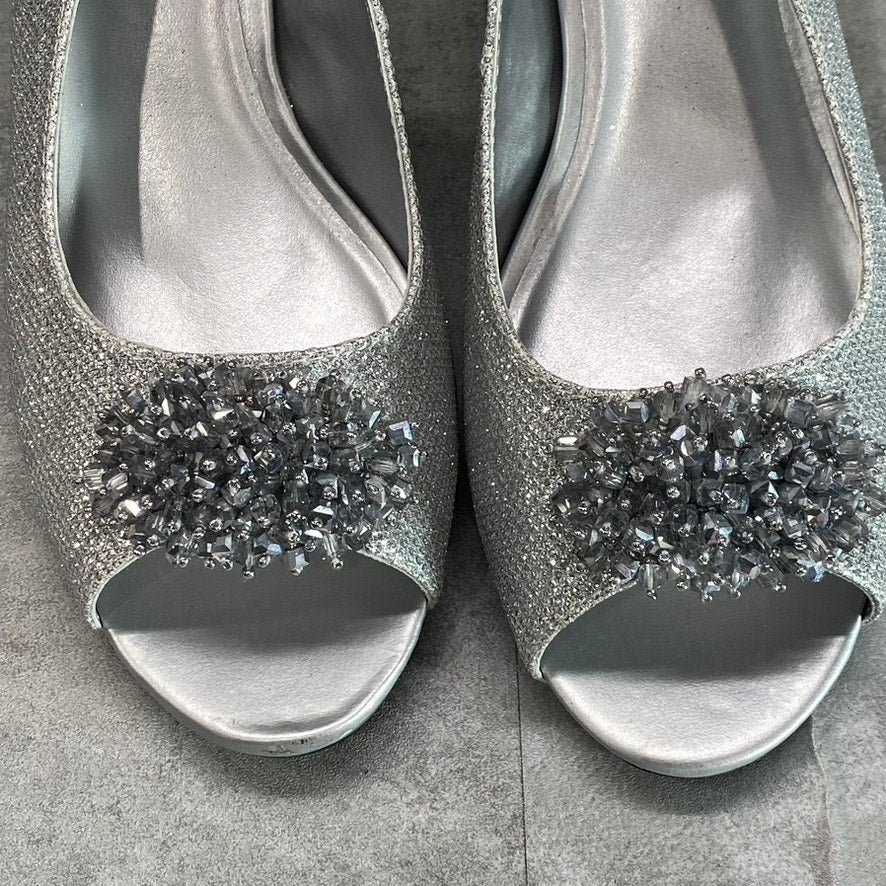 KAREN SCOTT Women's Silver Glitter Embellished Breena Peep-Toe Slingback Pumps SZ 10