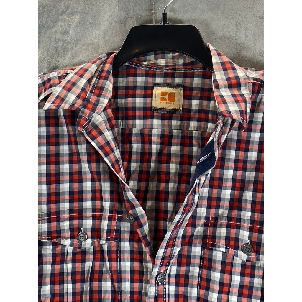 BOSS ORANGE Men's Red/Navy Mini Check Button-Up Long Sleeve Shirt SZ M