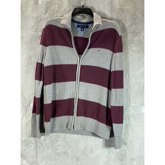 TOMMY HILFIGER Men's Grey/Burgundy Stand collar Zip-Up Sweater SZ S