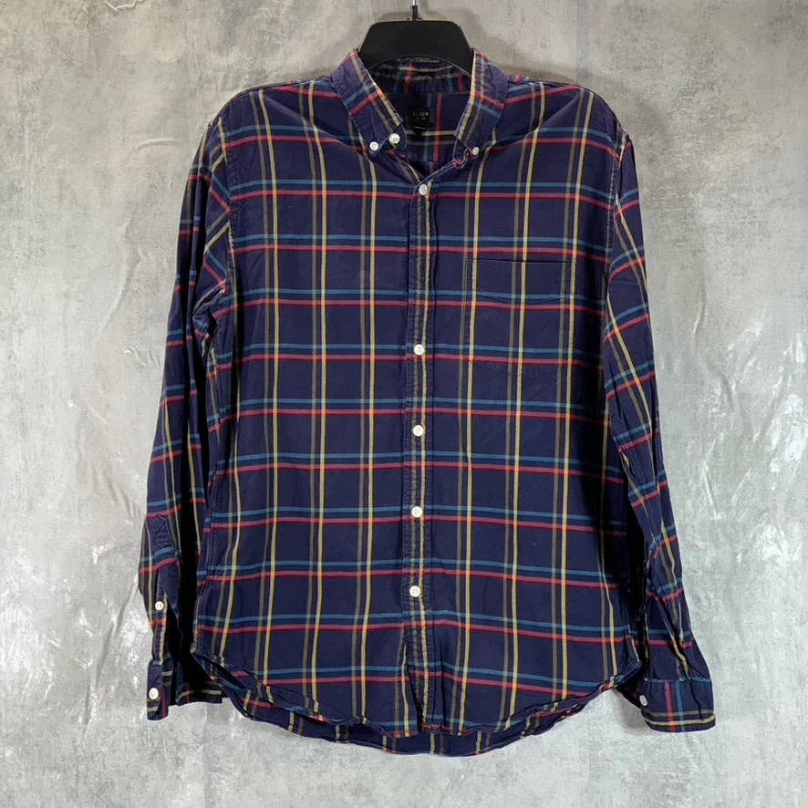 J.CREW Men's Navy Windowpane Cotton Button-Up Long-Sleeve Oxford Shirt SZ M
